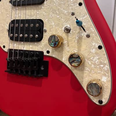 1 of 1 Custom Red Cordovox Strat Style / ST HSS Electric Guitar | Gold Control Knobs w/ Abalone Shell | Shiny Blue Pickup Switch Cap | White Pearl Pickgaurd | Abalone Shell Fret Stickers | Roasted Maple Neck / Fretboard image 2