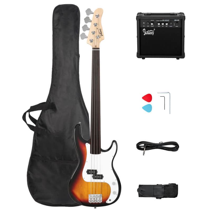 Glarry Fretless Electric Bass Guitar Full Size 4 String for experienced Bass Players Sunset / 20W Amplifier image 1
