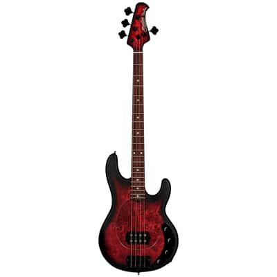 StingRay RAY34 Poplar Burl Dark Scarlet Burst Satin Sterling by Music Man image 3