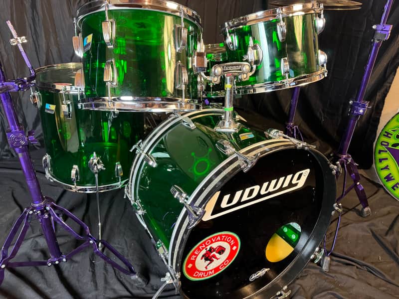 Rikki Rockett's Poison "Crack A Smile", Ludwig Green Vistalite 5-Piece Set 22", 16", 13", 12" with 5.5x14" Zickos Snare image 1