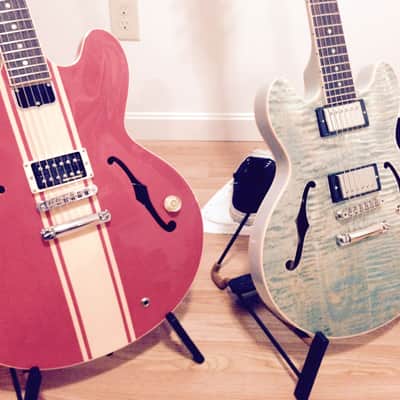 Gibson ES-333 Tom Delonge 2009 Ember Red w/ Cream racing stripes image 6