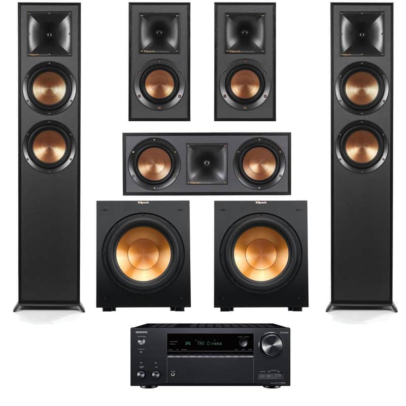 Klipsch Reference 5.2 Home Theater System, Bundle with 2x R-625FA Floorstanding Speaker, 2x R-12SW Subwoofer, R-52C Center Channel, R-41M Bookshelf Speaker Pair, 7.2-Channel Receiver, Black image 1