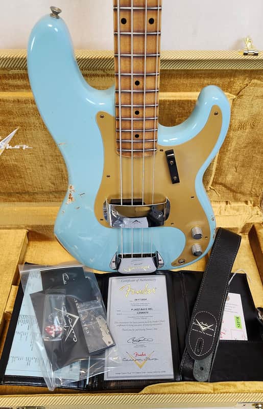 Fender Custom Shop P-Jazz Relic Ash Body Electric Bass Guitar Daphne Blue image 1