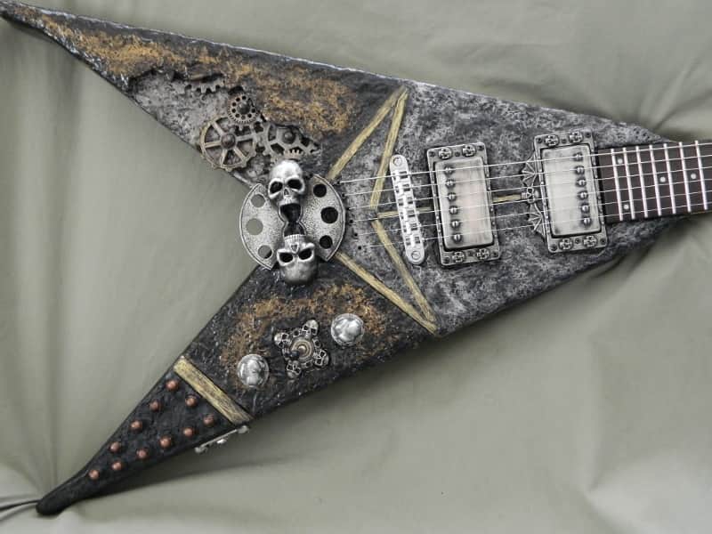 Steampunk Skull B.C. Rich junior V Guitar hand sculpted top handmade skull hardware flying v image 1