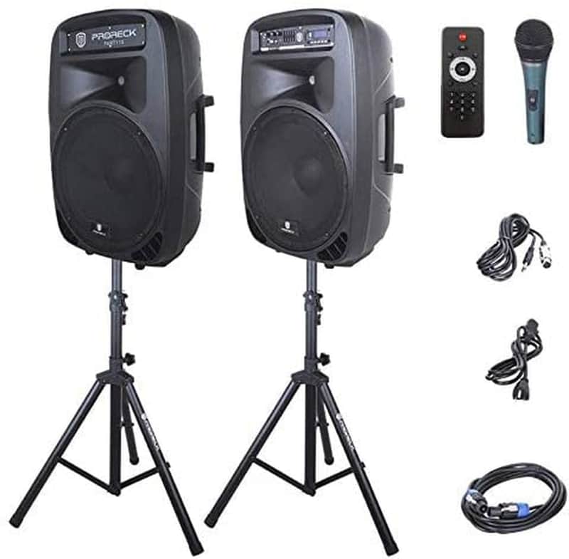 PRORECK PARTY 15 Portable 15-Inch 2000 Watt 2-Way Powered PA Speaker System Combo Set with Bluetooth/USB/SD Card Reader/FM Radio/Remote Control/LED Light image 1