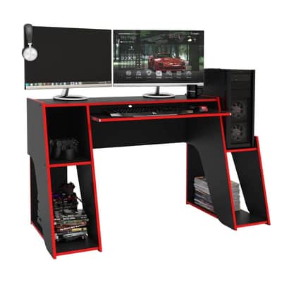 57.5” Music Production Desk with Storage | Studio Workstation with Keyboard Tray, Gear Shelves & Cable Management image 1