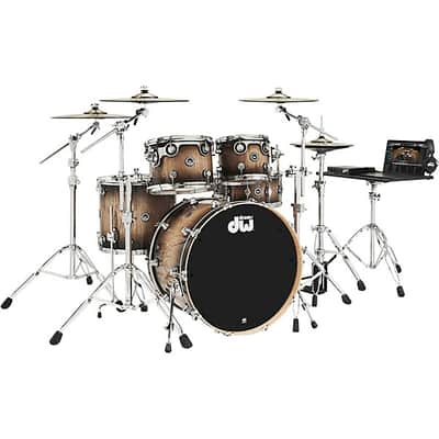 DW DWe Wireless Acoustic-Electronic Convertible 5-Piece Drum Set Bundle With 22" Bass Drum, Cymbals and Hardware 2024 - Exotic Curly Maple Black Burst image 1