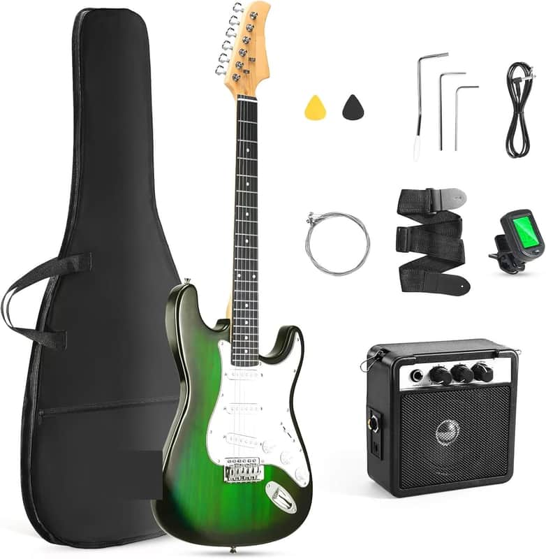 9”Inch Solid Full Size Electric Guitar Beginner Kit,Electric Guitar Starter Kit,S-S-S Pickups With 5W Amp,Strings, Pick, Tremolo Bar,Bag,Strip,Tuner.Cable,Green image 1