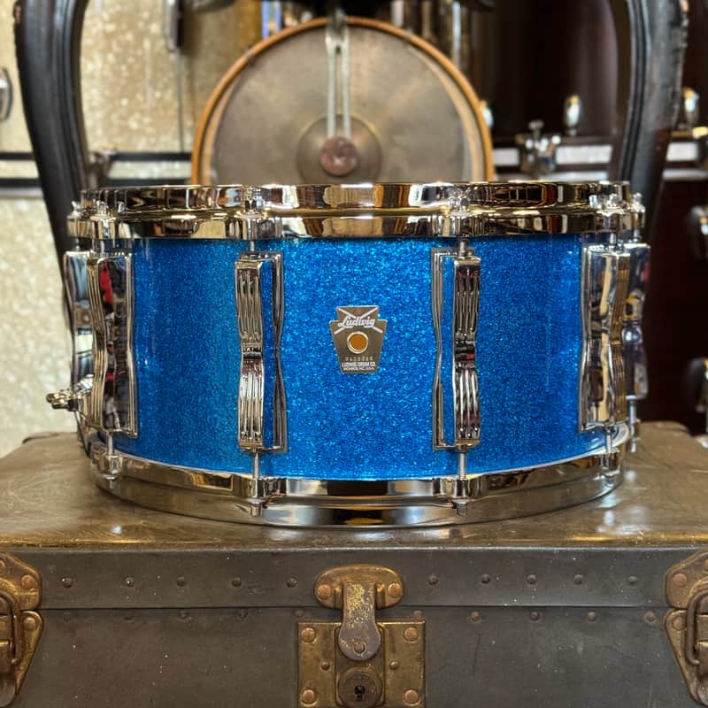 USED 90's Ludwig 6.5x14 Monroe Era Classic Maple Snare Drum in Blue Sparkle image 1
