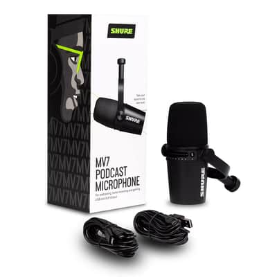 Shure Shure MV7 Dynamic Unidirectional Dual XLR/USB Podcasting Microphone, Black Bundle with H&A Telescoping Tabletop Microphone Stand, Microphone Cable, TAPH500 Pro Closed-Back Studio Headphones image 2