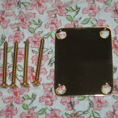 very lightly relic'd genuine Fender Gold Four Bolt Neck Plate (gold plated steel) +screws p/n 0991447200 (blank, NO Micro-Tilt Adjustment) from 2002-2003 SRV Artist Ser Strat (NO guitar) but can be used on dif year guitar / bass] Screws: # 8, 1&1/4" L image 2