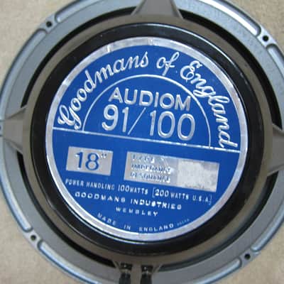 Goodmans Audiom 91/100 18" Vintage Woofer, Alnico Magnet Cast Frame, 8 ohms, Ex Condition, 100 Watts, Made in England 1960s - Blue / Gray image 2