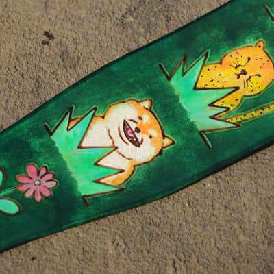 burnyblack custom made guitar strap - animals in forest leather/green image 10