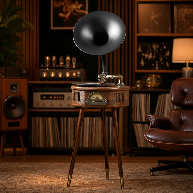 Italian-Style Gramophone Record Player – Retro Tripod Vinyl Turntable with Bluetooth, FM, USB & Horn Speaker