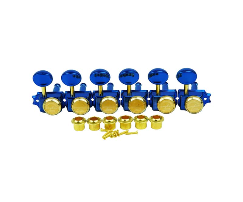 Guyker 6 Inline Vintage Guitar Lock String Tuners – Locking Tuning Key Pegs Machine Heads Replacement Parts for ST TL Style Electric, Folk or Acoustic Guitars – GK55SP, Blue+Gold image 1
