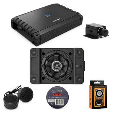 Alpine S2-A55V 5-Ch Amplifier + SS-SB10 10" Shallow Loaded Subwoofer + RUX-KNOB.2 Bass Knob + Accessory Bundle image 1