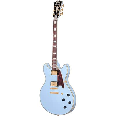 D'Angelico Deluxe Series Limited Edition DC Non F-Hole Semi-Hollowbody Electric Guitar Regular Matte Powder Blue Tortoise Pickguard image 6