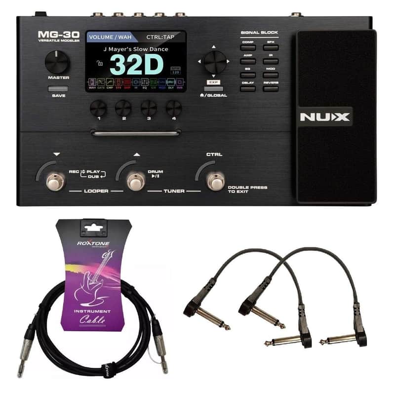 NUX MG-30 Versatile Modeler Multi Effects Guitar Processor Pedal Bundle W/ 15' Guitar Cable and 2 Flat Pedal Patch Cables image 1