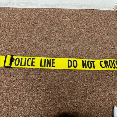 Police Line DO NOT CROSS guitar strap - Yellow Nylon - Leather ends -Made in USA Fort Bryan? image 3