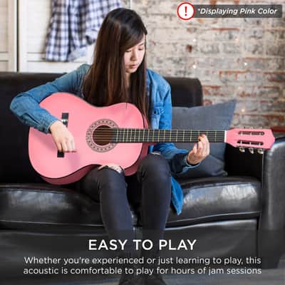 Best Choice Products Beginner Acoustic Guitar Set w/ Case, Strap, Strings - 38in-Pink image 6