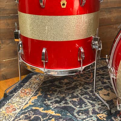 1968 Ludwig Red / Silver Sparkle Tri-Band Drum Set w/ Matching Canister Throne 22/13/13/16 image 4