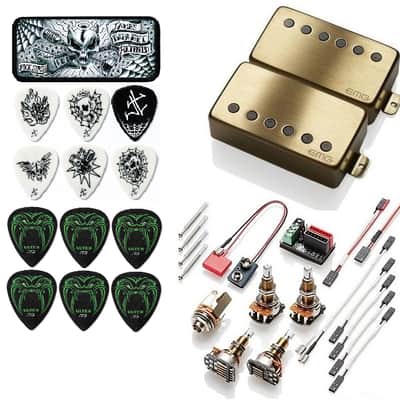 EMG JH SET JAMES HETFIELD BRUSHED GOLD STANDARD SPACED 18.7mm LONG POTS & WIRING ( 30 PICKS & TIN ) image 1