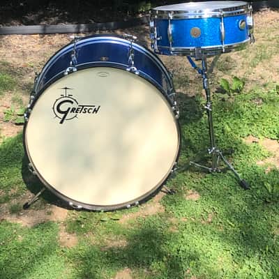 Vintage 1960s Gretsch Round Badge 2-Piece Blue Sparkle Glass Glitter Jazz Drums Virgin Bass Snare USA Jasper Shells 14/22 image 19