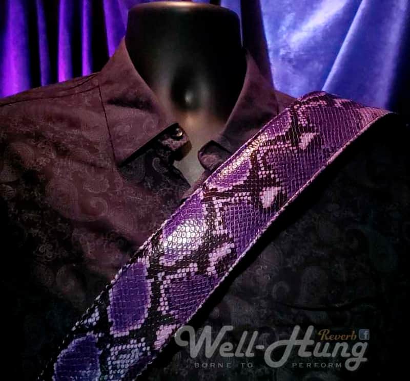 Well-Hung "Purple Python" 3" wide, padded leather strap in purple black and gray snake image 1
