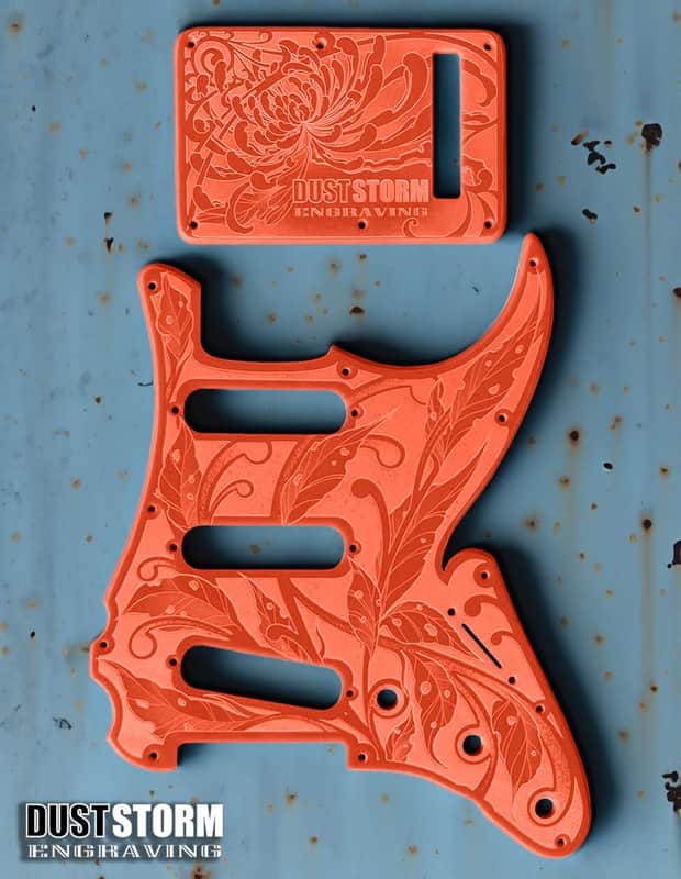 Engraved Glossy Orange Acrylic Pickguard & Tremolo Cover for Fender Stratocaster HSH, HSS, SSS Setups Available image 1