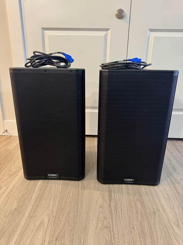 Pair of QSC K12.2 Powered PA Speakers with QSC Bags & Power Cables image 1