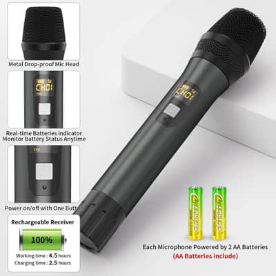Wireless Microphones, Professional UHF Metal Dual Handheld Cordless Dynamic Mic System with Rechargeable Receiver, 1/4" Output, 160ft Range, Auto Connect for Karaoke, Party Singing, Church, Speech, DJ image 3