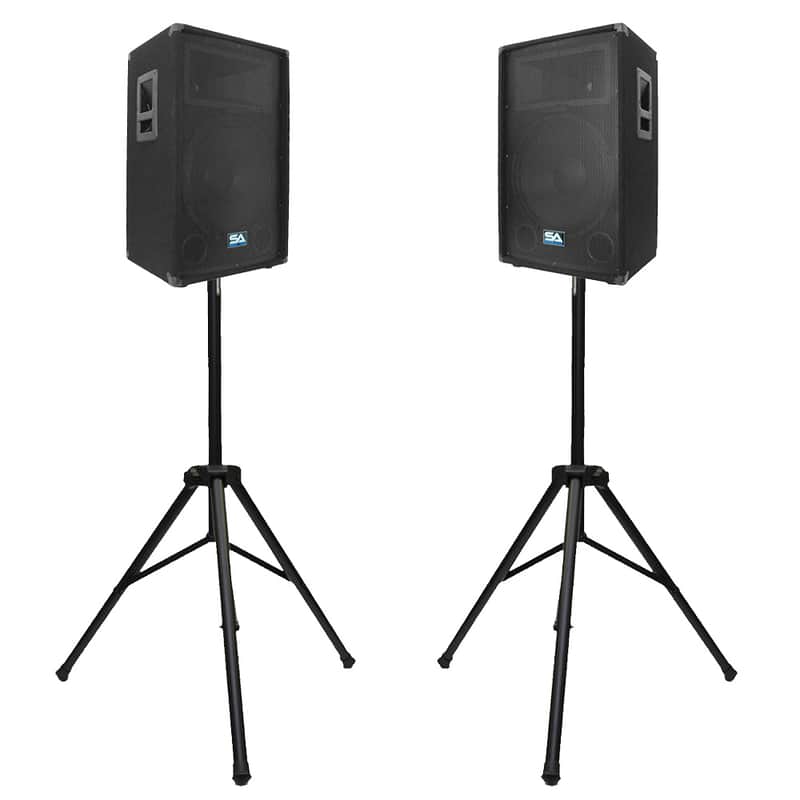 Pair of 12" PA Speakers with two Tripod Speaker Stands - PA/DJ Band PA Package image 1
