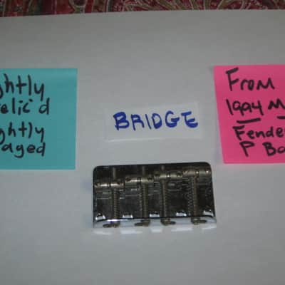 used lightly relic'd Fender Mexican P Bass Vintage Style BRIDGE full assembly Chrome (from 1994) also included is a used set of D'Addario bass strings image 2