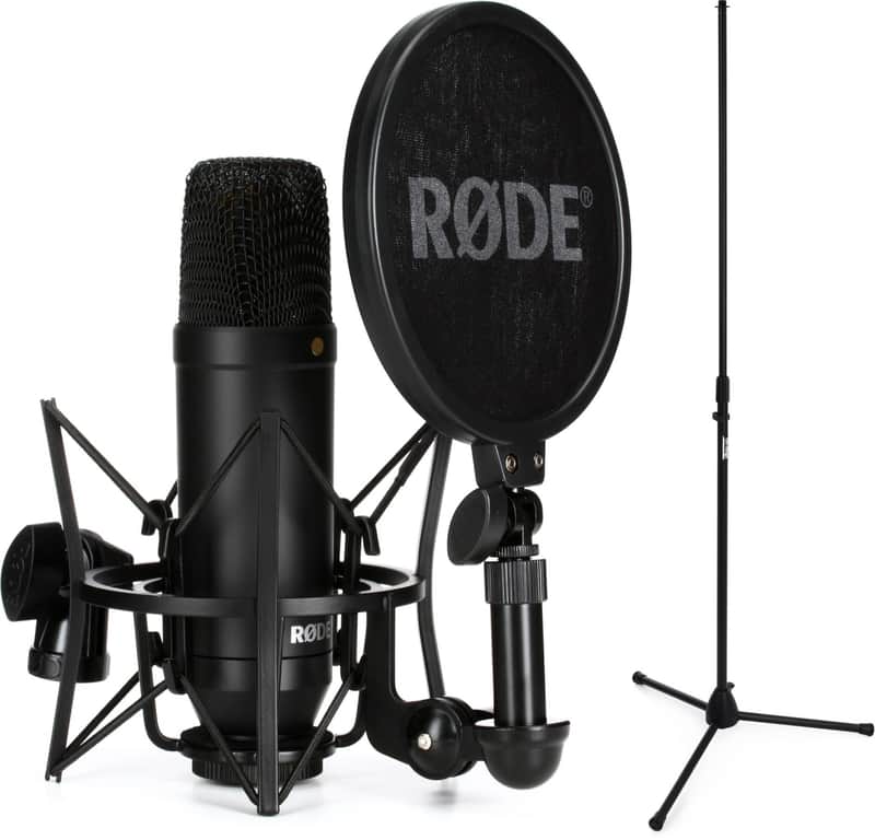 Rode NT1 Kit Condenser Microphone with SM6 Shock Mount and Pop Filter Bundle with On-Stage MS7700B Euro-Style Tripod Base Mic Stand image 1