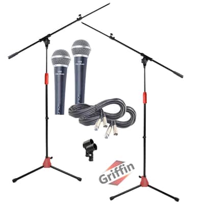 Microphone Boom Stand with XLR Mic Cable, Cardioid Dynamic Microphone & Clip (Pack of 2) by Griffin - Tripod Mount - 20 ft Pro Audio 3-Pin Cord Patch Vocal Unidirectional Microphone image 1