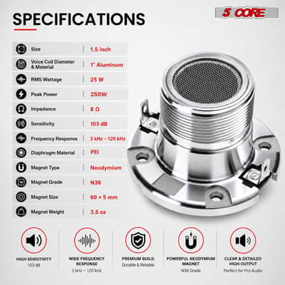 5 Core 1.5 Inch Super Tweeter 250W 8Ohm Pro Audio Aluminum Replacement Neodymium Bullet Horn image 5