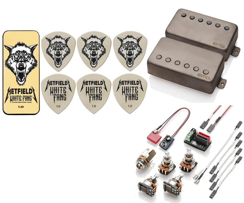 EMG F JH SET JAMES HETFIELD SANDBLASTED SET 52mm FLOYD ROSE SPACED SHORT SHAFT POTS & WIRING ( 6 WHITE FANG PICKS & TIN ) image 1