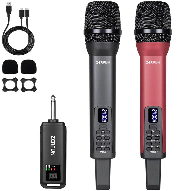 Dual Rechargeable Wireless Microphones, Pro Handheld Cordless Mics System With Echo Treble Bass Vol Control For Karaoke Singing Church Party, 1/4'' Output, Grey&Red image 1
