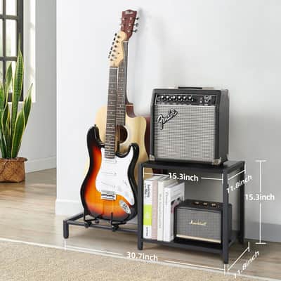 Guitar Stand, 2-Tier Guitar Stands Floor with Guitar Amp Stand, Guitar Rack for Multiple Guitars and Guitar Accessories, Adjustable Guitar Holder, Guitar Display for Music Studio Home image 2