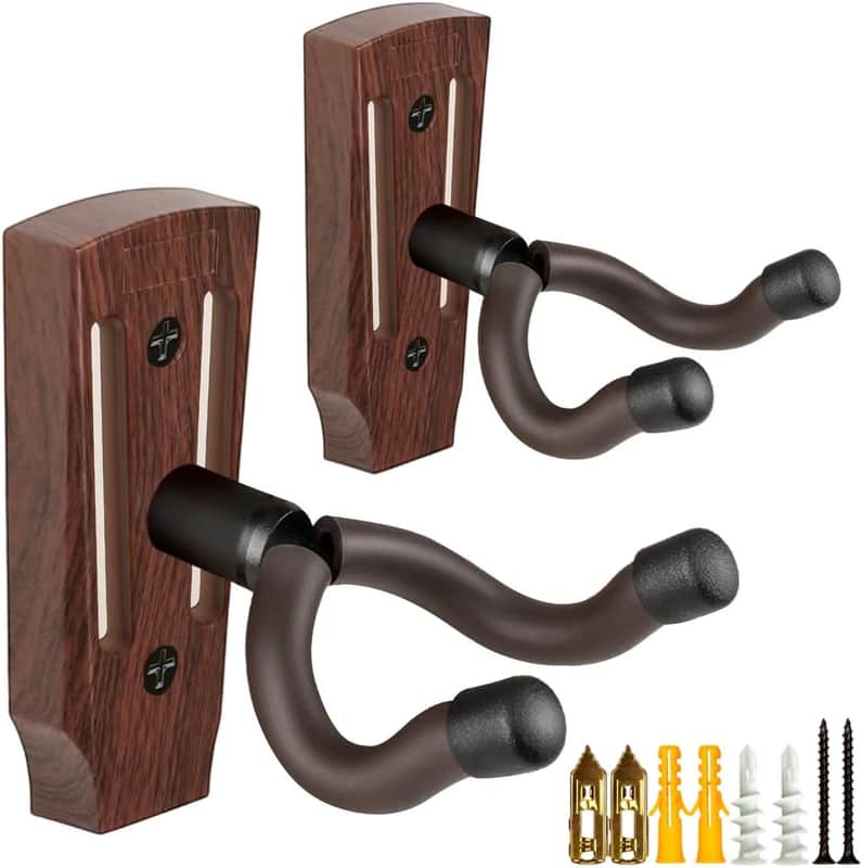 Guitar Wall Mount 2 Pack, Guitar Hanger, UShaped Guitar Wall Hanger Mount Guitar Holder Hook Wall Mount Guitar Accessories For Acoustic, Electric Guitar, Bass, Ukulele with 5 Picks (Walnut Color) image 1