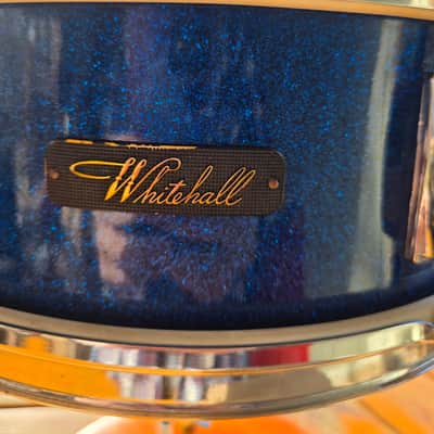 Vintage 1960s Whitehall (Made by Pearl) 14"x5" Blue Sparkle Snare, Stand, and Case image 3