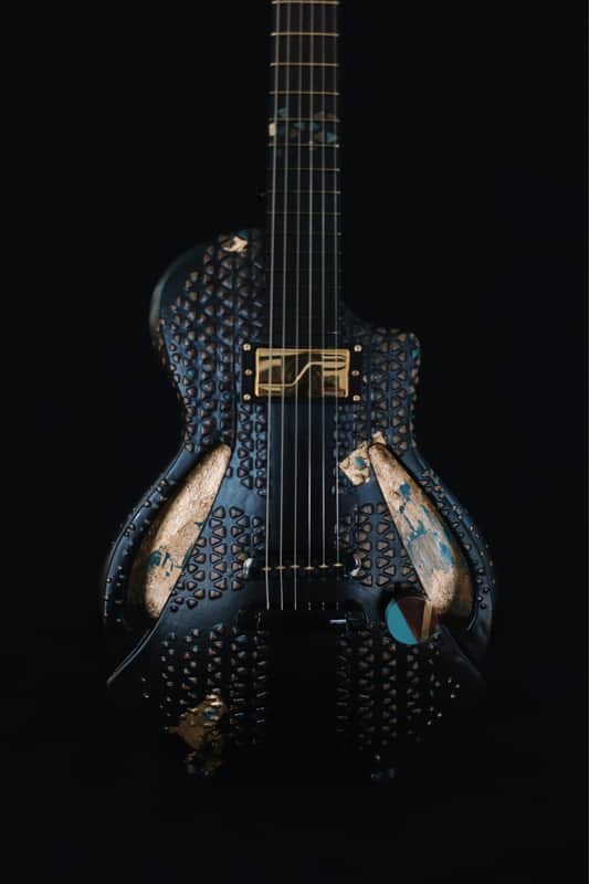 Boutique handmade Honfleur semi-hollow guitar with lacquered eggshell inlays image 1