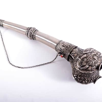 Antique Tibetan Ceremonial Hand Carved Silver Trumpet - Buddhist - Mus. Instrument - Monastery Religious Horn - Artifact - Bone Kangling - Shaman - Nepal image 3