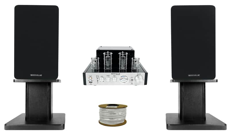 Rockville BluTube Tube Amplifier+5.25" Black Bookshelf Speakers+Black 8" Stands image 1