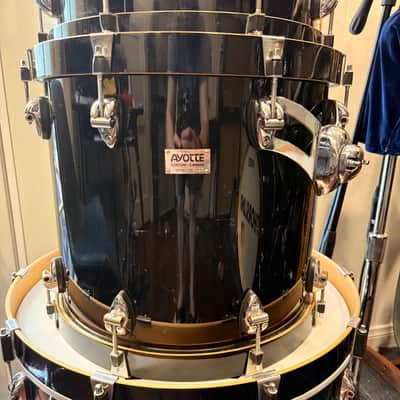 Ayotte Custom Piano black gloss wood hoop maple drum kit 22/12/14/16 image 9