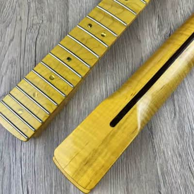 Vintage Yellow Guitar Tele Style Tiger Maple Wood Neck, 22 Frets Fingerboard image 6