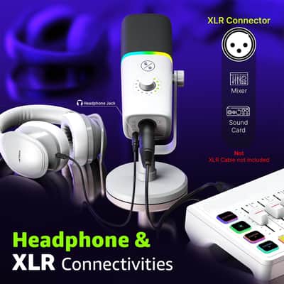 Gaming USB Microphone for PC, Noise Cancellation Condenser Mic for Podcasts and Video Streaming with Tripod Stand, Pop Filter, Shock Mount, Gain Control, RGB Lights, Quiet Mute Button (White) image 2