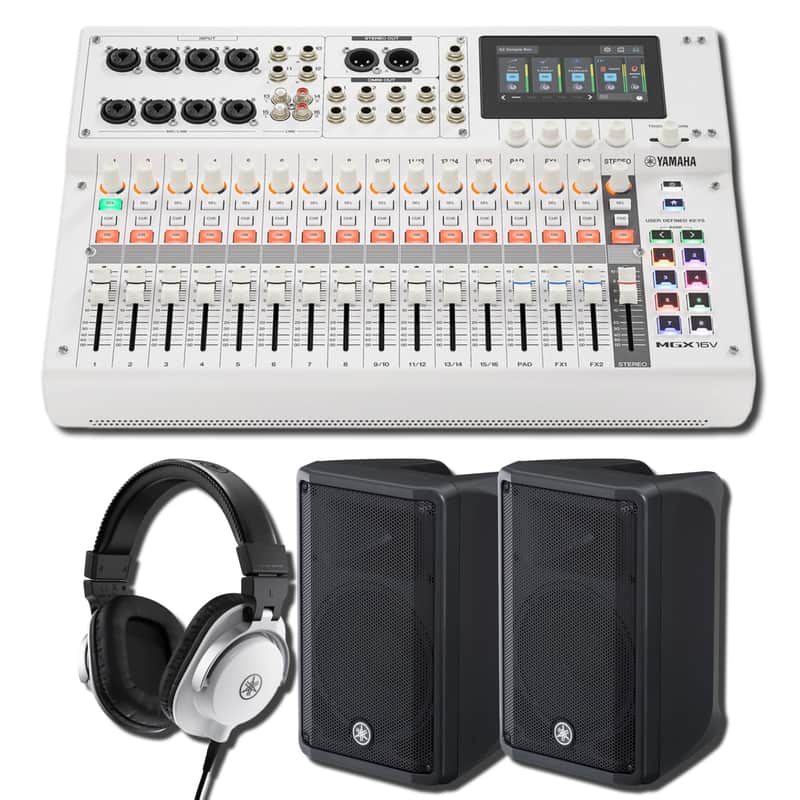 Yamaha MGX16V W 22-Channel Digital Mixing Console with HDMI-USB 4K Video Capture, Pair of DBR10 10-Inch 700W Powered Speakers, and HPH-MT5W White Studio Monitor Headphones image 1