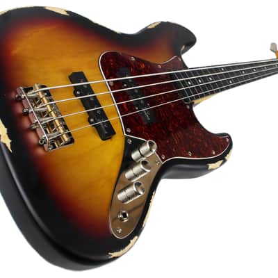 Vintage V74 Icon Fretless Bass Guitar in Distressed Sunset Sunburst w/Upgraded Pickguard image 10