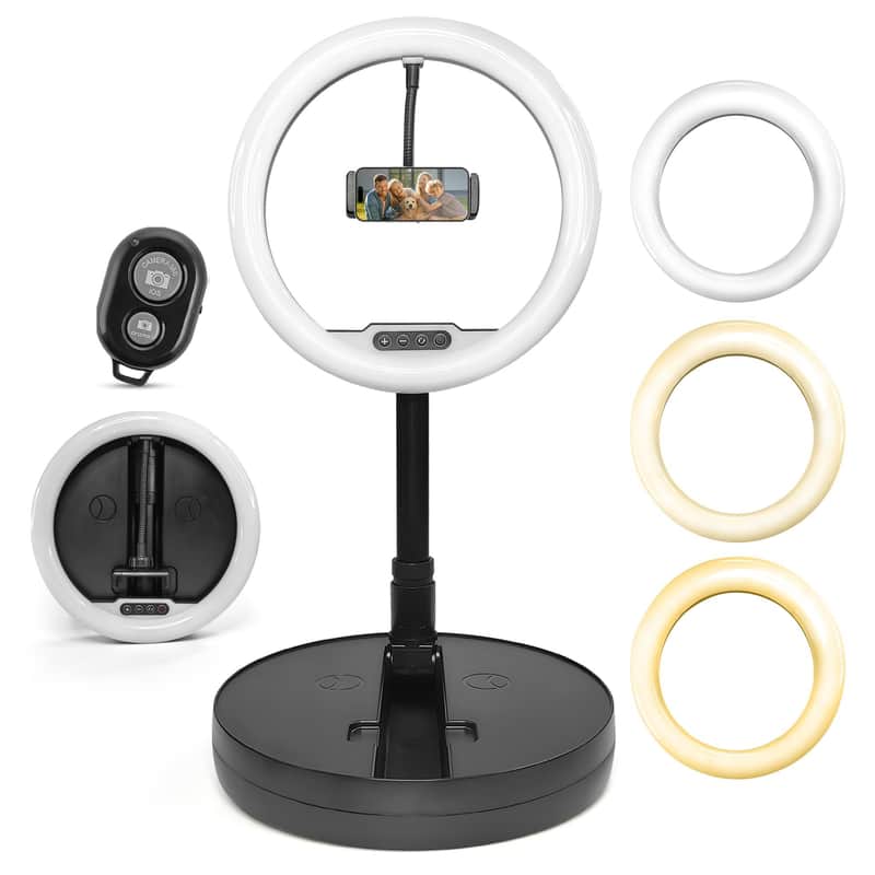 iDance LED Ring Light with Cell Phone Holder, 10", USB Powered with Bluetooth Remote Control and Foldable Adjustable Tripod Stand, Selfie, Makeup Ring Light image 1